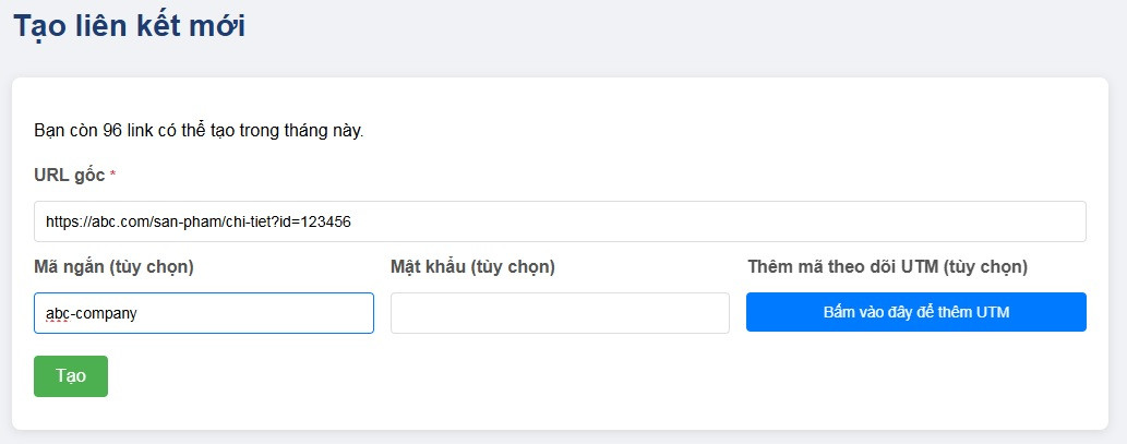 tạo link r&uacute;t gọn theo &yacute; muốn